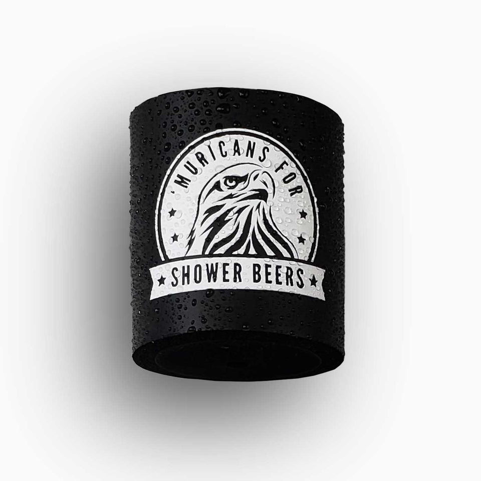 Foam can beverage holder that sticks to shower wall via industrial velcro. This design is white ink printed on a black can holder with the words "Muricans For Shower Beers" written with artwork depicting a beautiful bald eagle..